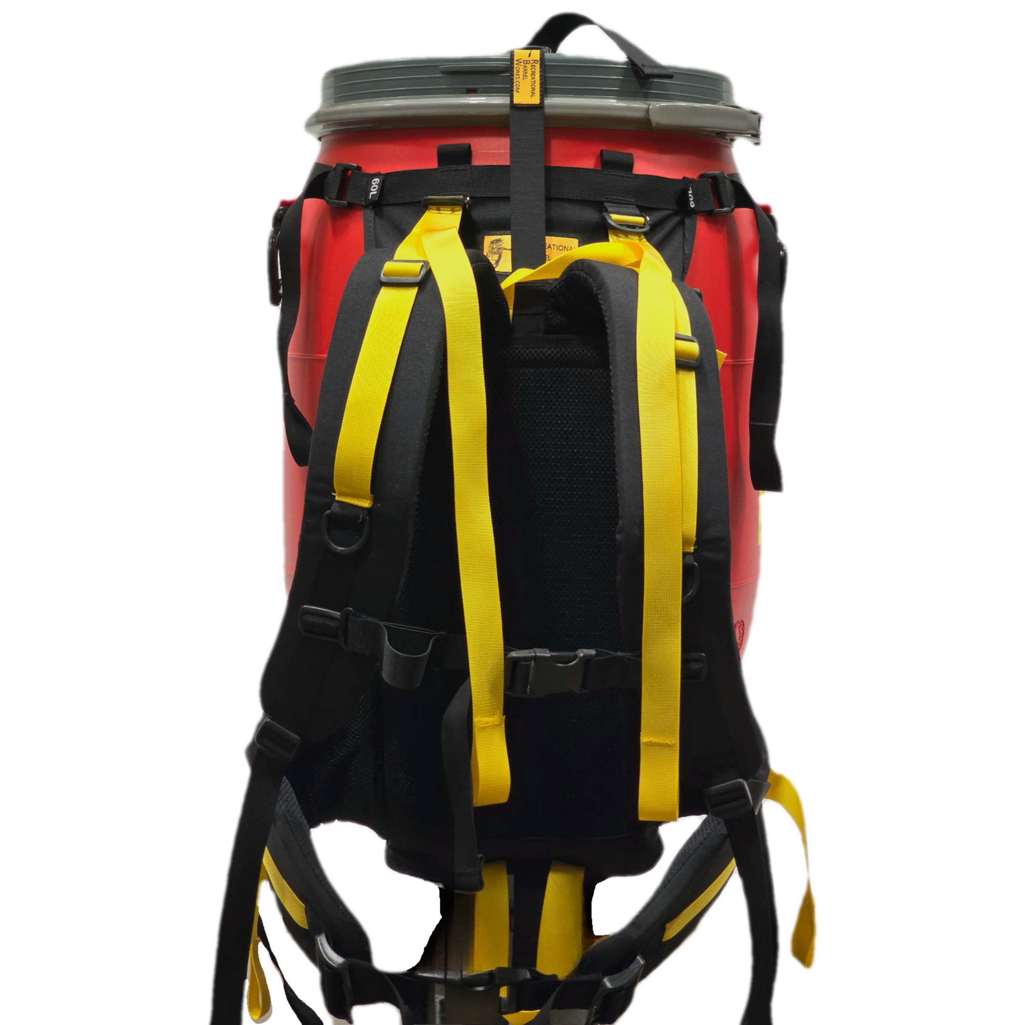 Recreational Barrel Works 60L Red Barrel and Expedition Harness Package