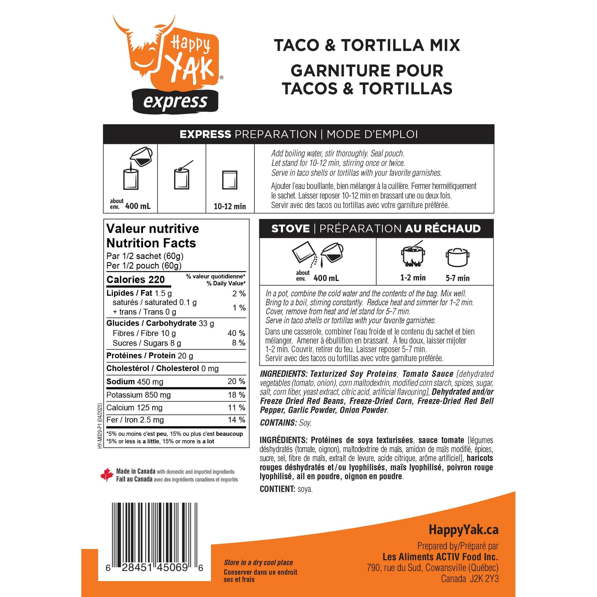 Happy Yak Vegetarian Taco and Tortilla Mix