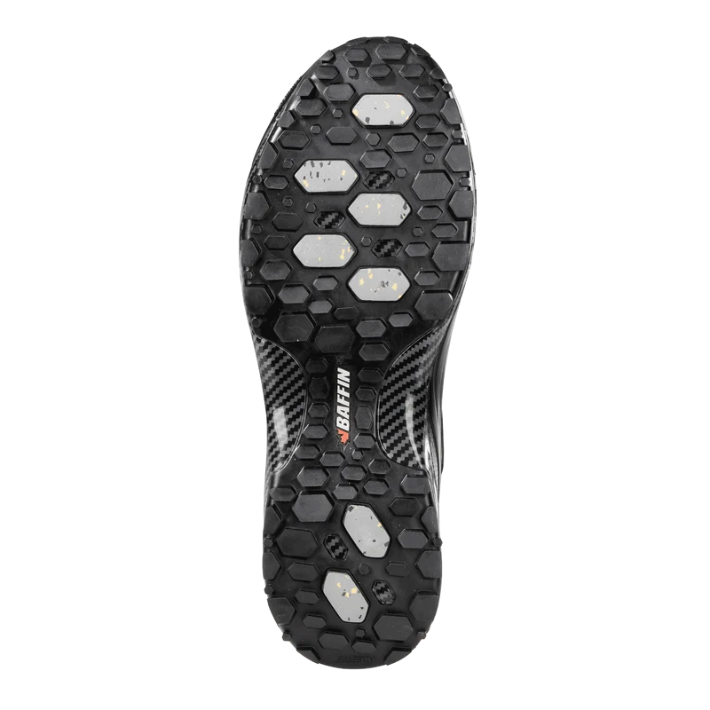 Outdoors Oriented Baffin Bruce Mid hiking boot black rubber outsole with IceBite grip multi-directional lug tread