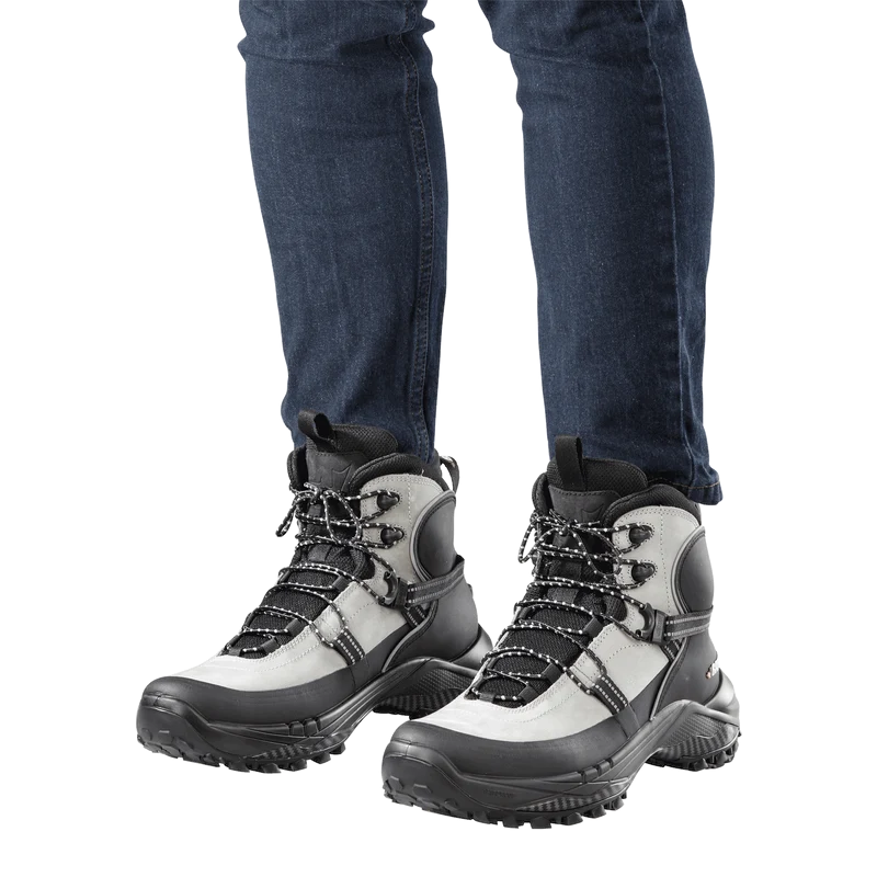 Outdoors Oriented Baffin Bruce Mid men's hiking boots in grey and black, featuring a rugged lug sole and lace-up design.