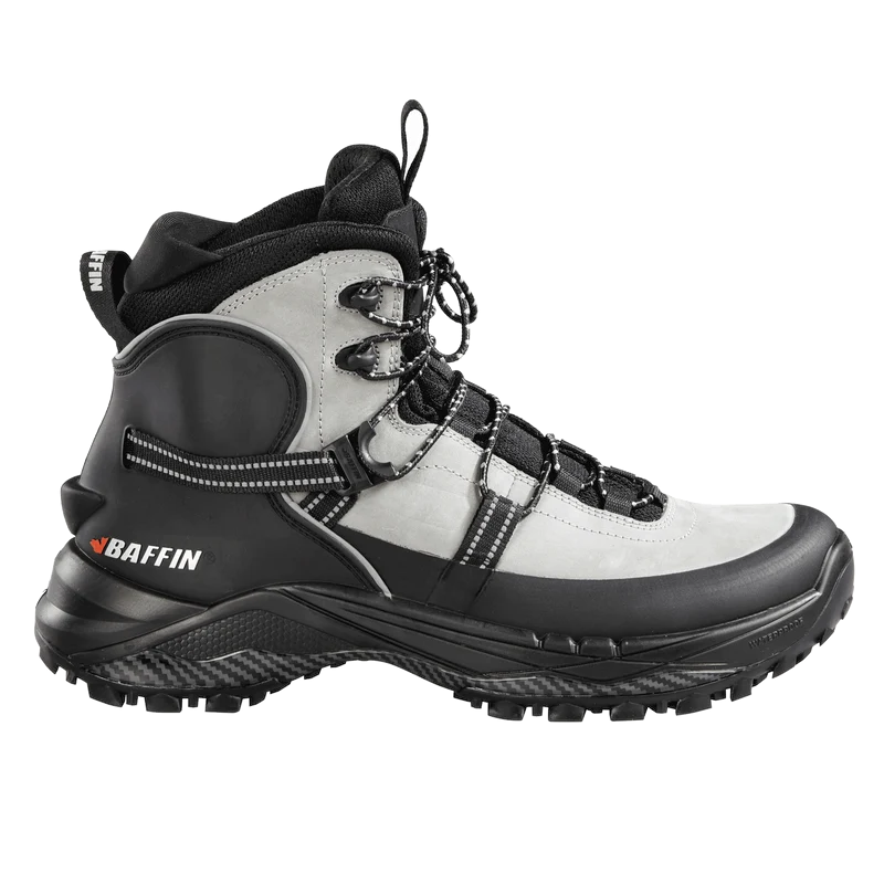 Outdoors Oriented Baffin Bruce Mid men's waterproof hiking boot in grey and black with rugged IceBite traction sole.