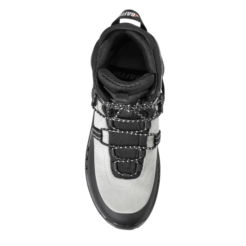 Outdoors Oriented Baffin Bruce Mid men's grey and black hiking boot with speed-lace system and padded collar
