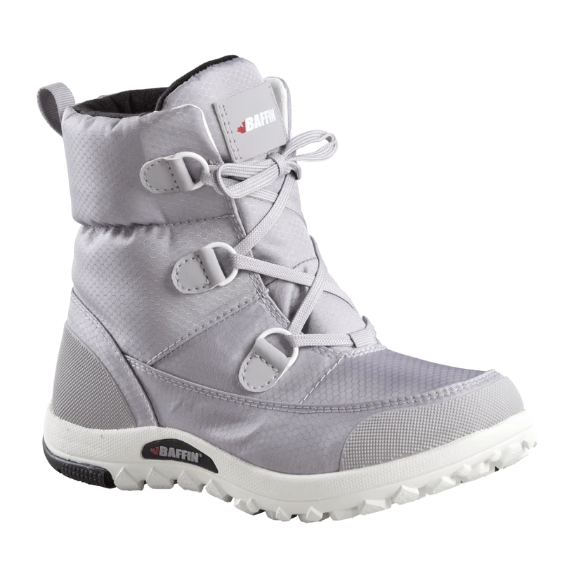 Outdoors Oriented Baffin Mist women's grey waterproof winter boot with D-ring laces and slip-resistant rubber sole.