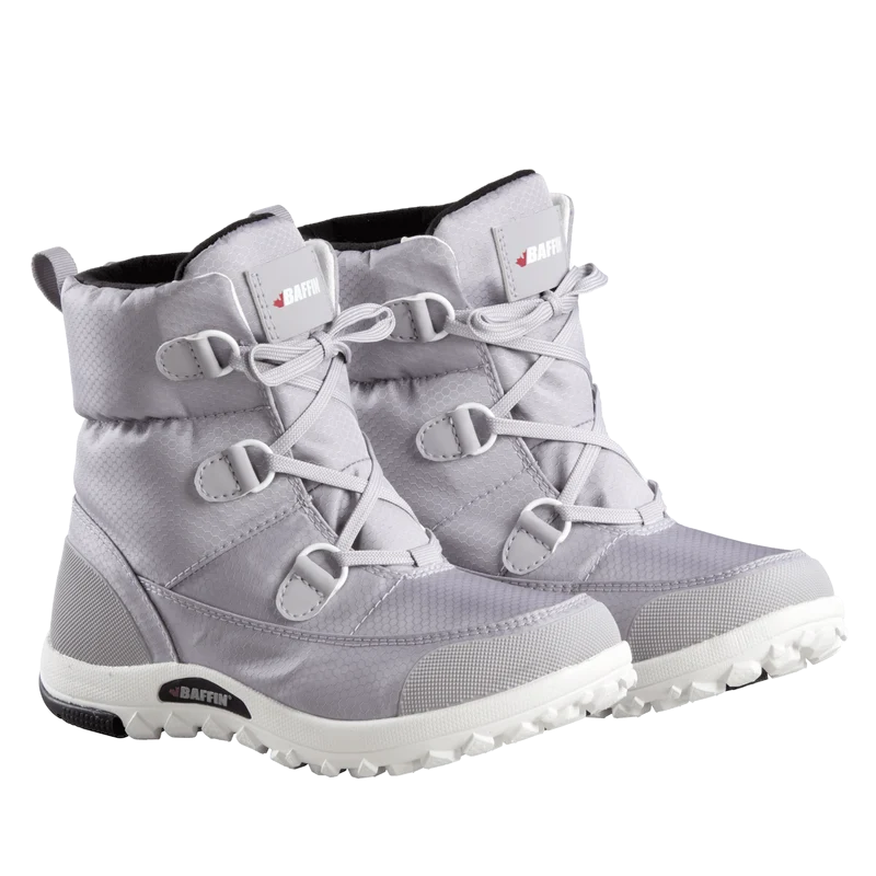 Outdoors Oriented Baffin Mist women's grey waterproof winter boots with D-ring laces and slip-resistant outsoles.