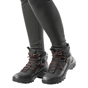 Outdoors Oriented Baffin Eden Mid women's black hiking boots with red-accented laces and rugged IceBite grip soles