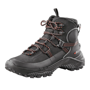 Outdoors Oriented Baffin Eden Mid women's black hiking boot with red lace accents and rugged IceBite traction sole