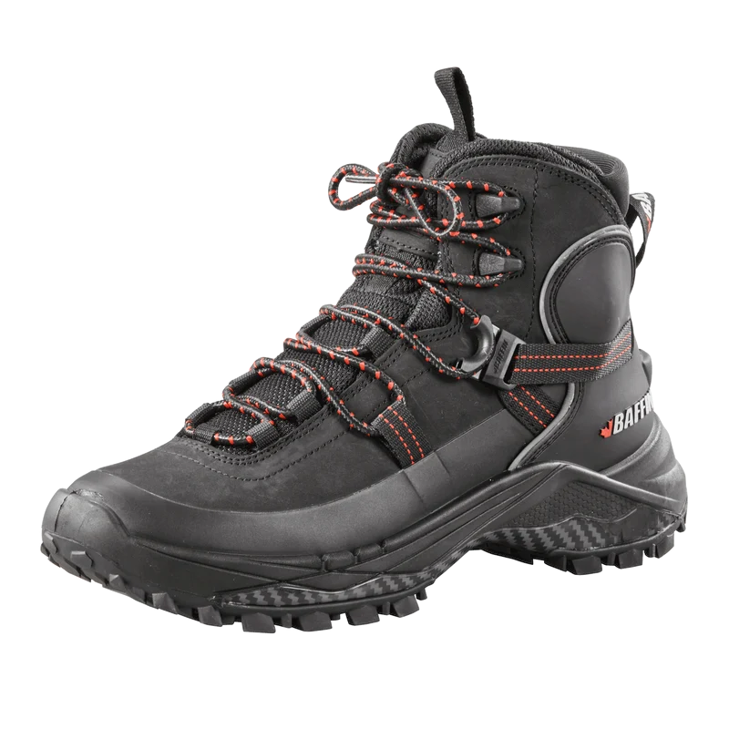 Outdoors Oriented Baffin Eden Mid women's black hiking boot with red lace accents and rugged IceBite traction sole