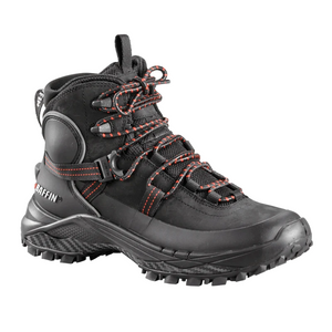 Outdoors Oriented Baffin Eden Mid women's black hiking boot with red-accented laces and rugged IceBite grip outsole.