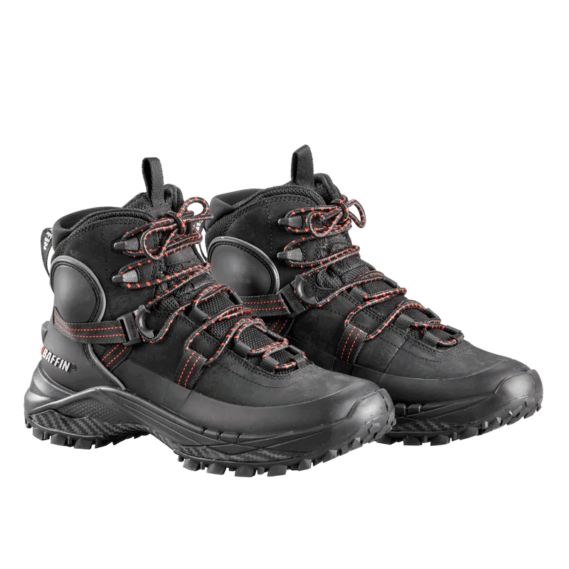 Outdoors Oriented Baffin Eden Mid women's black hiking boots with red lace accents and rugged IceBite grip outsoles