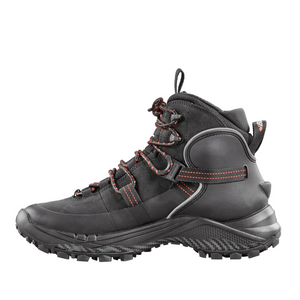 Outdoors Oriented Baffin Eden Mid women's black hiking boot with red lace accents and rugged IceBite traction sole