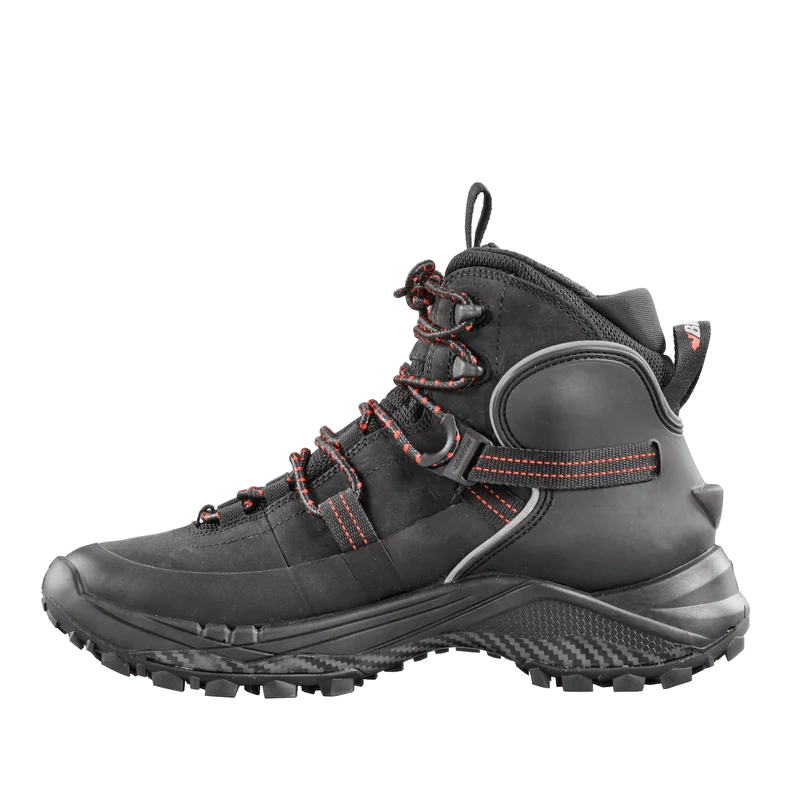 Outdoors Oriented Baffin Eden Mid women's black hiking boot with red lace accents and rugged IceBite traction sole