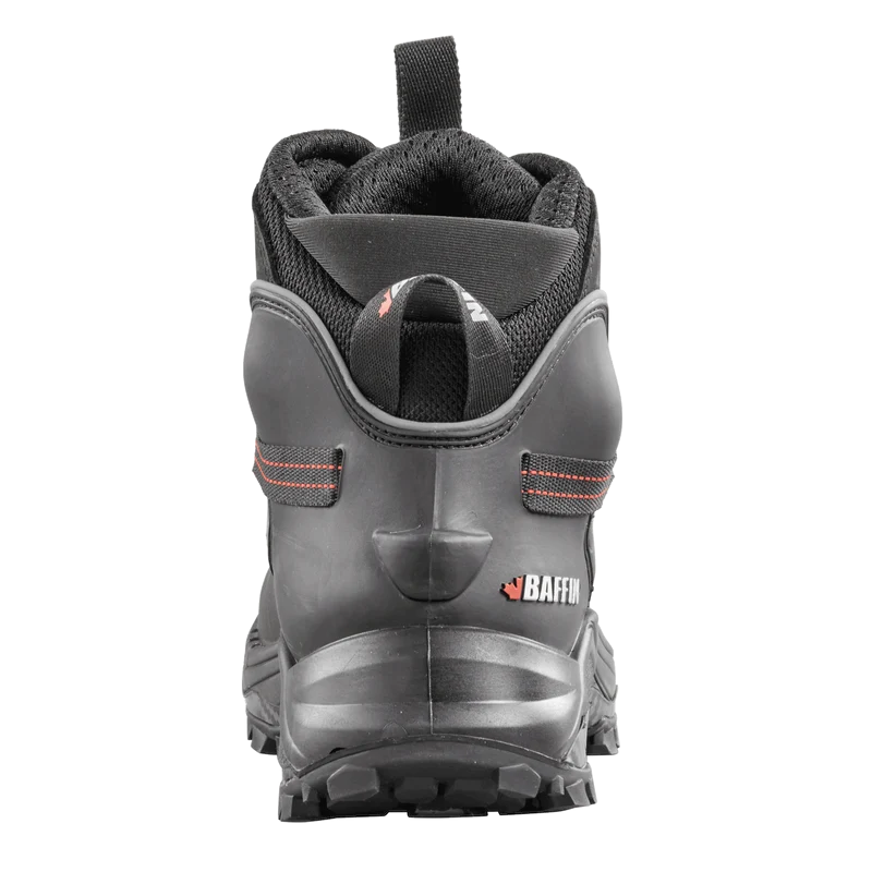 Rear view of Outdoors Oriented Baffin Eden Mid women's hiking boot in black with heel pull loop and TPU heel counter.
