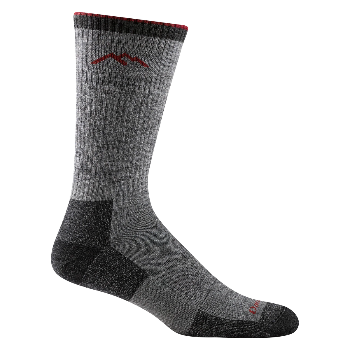 Outdoors Oriented Darn Tough men's grey merino wool hiker boot sock with red mountain logo and cushioned heel