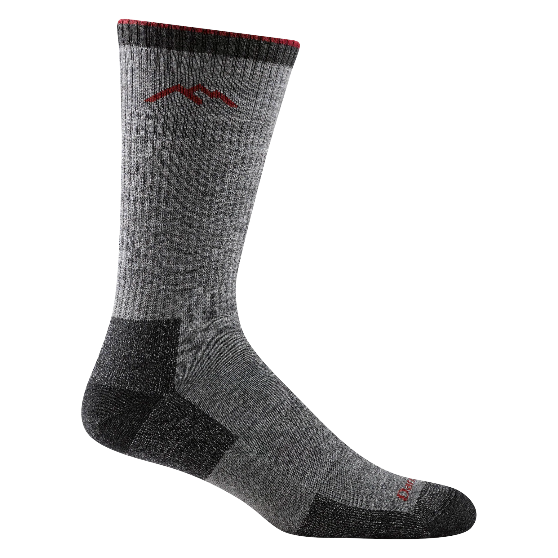 Outdoors Oriented Darn Tough men's grey merino wool hiker boot sock with red mountain logo and cushioned heel