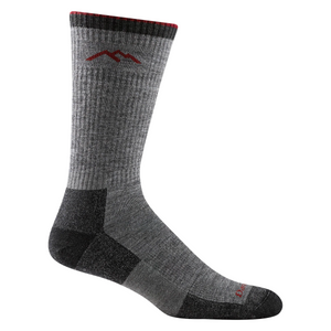 Outdoors Oriented Darn Tough men's grey merino wool hiker boot sock with red mountain logo and cushioned heel
