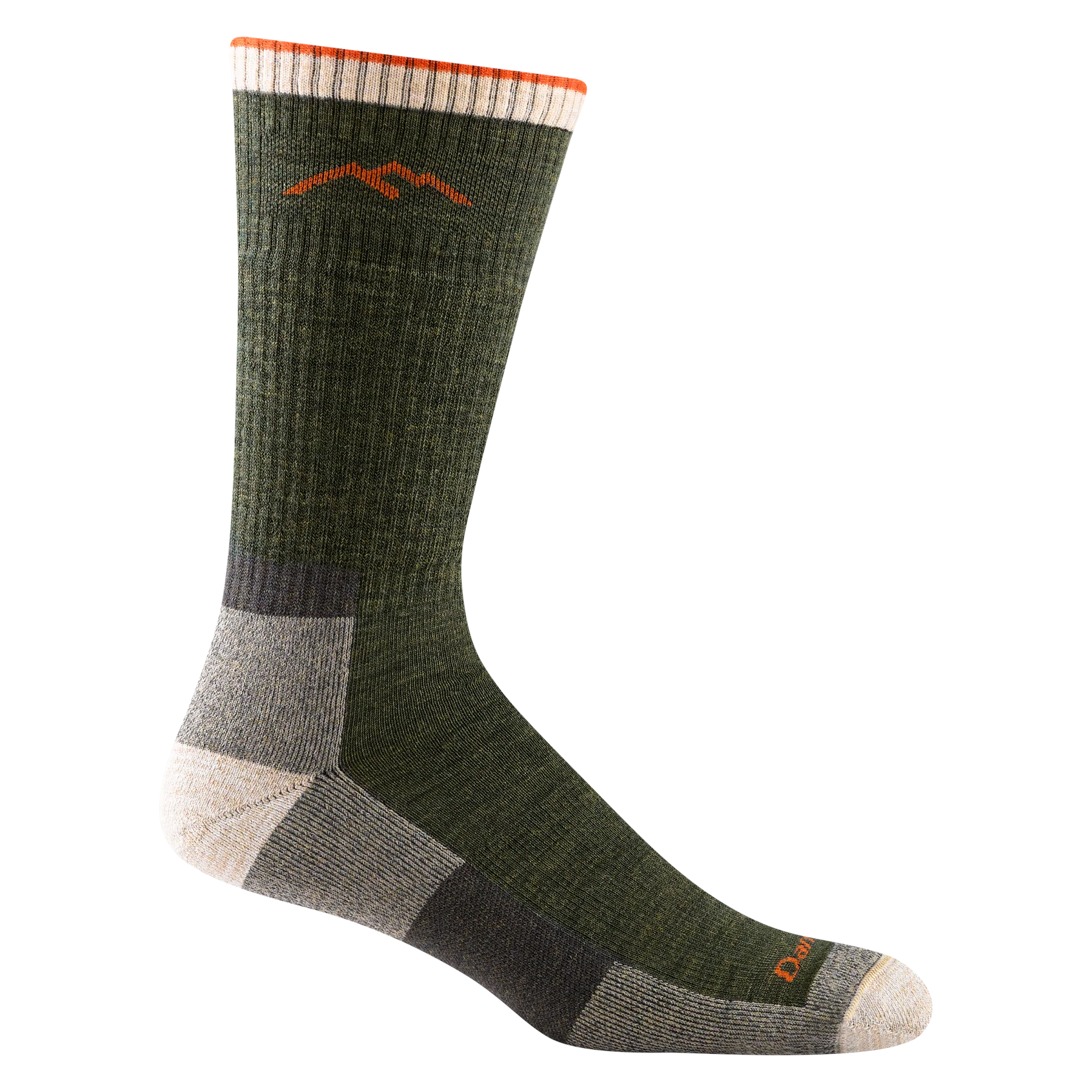 Outdoors Oriented Darn Tough men's olive green merino wool midweight hiking boot sock with orange mountain logo