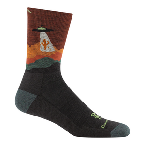 Outdoors Oriented Darn Tough Spaced Out micro crew hiking socks in black with a desert UFO graphic pattern