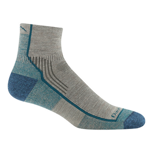 Outdoors Oriented Darn Tough 1959 hiker quarter midweight merino wool sock in grey and blue with cushioned footbed