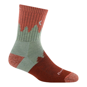 Outdoors Oriented Darn Tough Treeline micro crew hiking socks in rust and sage green merino wool with mountain pattern