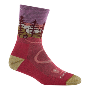 Outdoors Oriented Darn Tough Northwoods women's midweight merino wool hiking sock in red with forest landscape pattern