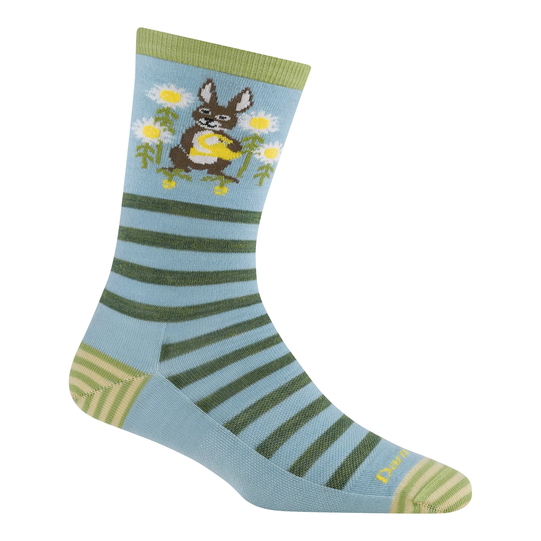 Outdoors Oriented Darn Tough Animal Haus crew socks in light blue with green stripes and a cute rabbit graphic