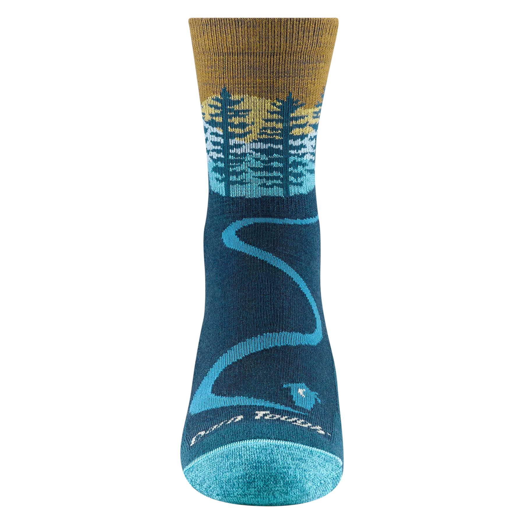 Outdoors Oriented Darn Tough Northwoods women's merino wool micro crew hiking sock with blue and gold forest design