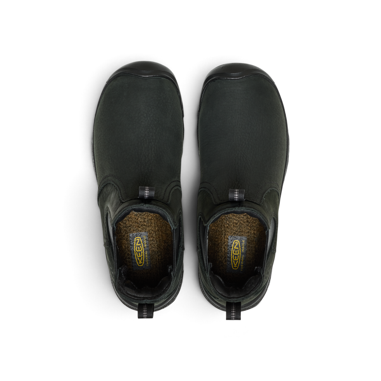Outdoors Oriented KEEN Greta Chelsea II WP women's waterproof black leather boots, top-down view.