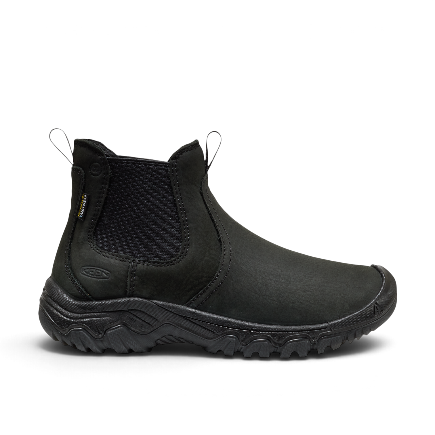 Outdoors Oriented KEEN Greta Chelsea II WP women's waterproof black leather ankle boot with elastic side panels