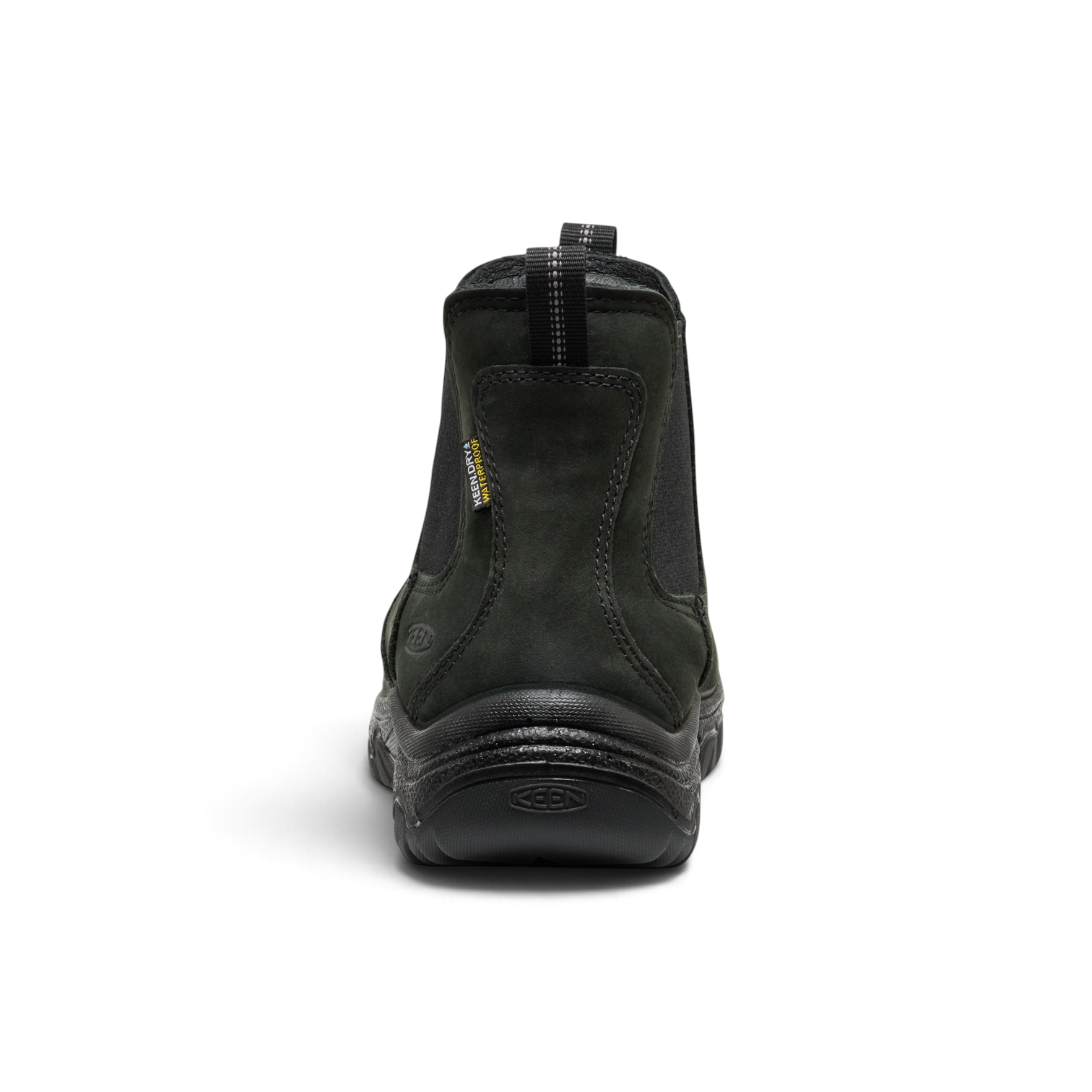 Back view of black Outdoors Oriented KEEN Greta Chelsea II WP waterproof leather boot with pull tab