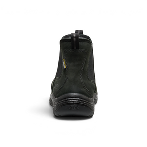 Back view of black Outdoors Oriented KEEN Greta Chelsea II WP waterproof leather boot with pull tab