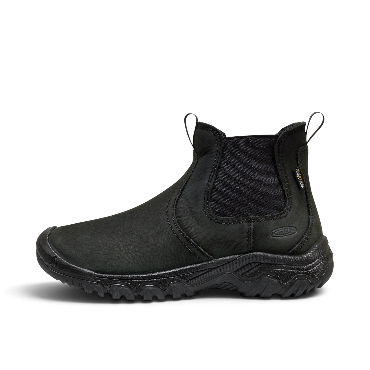 Outdoors Oriented KEEN Greta Chelsea II WP women's waterproof black leather ankle boot with side elastic panels