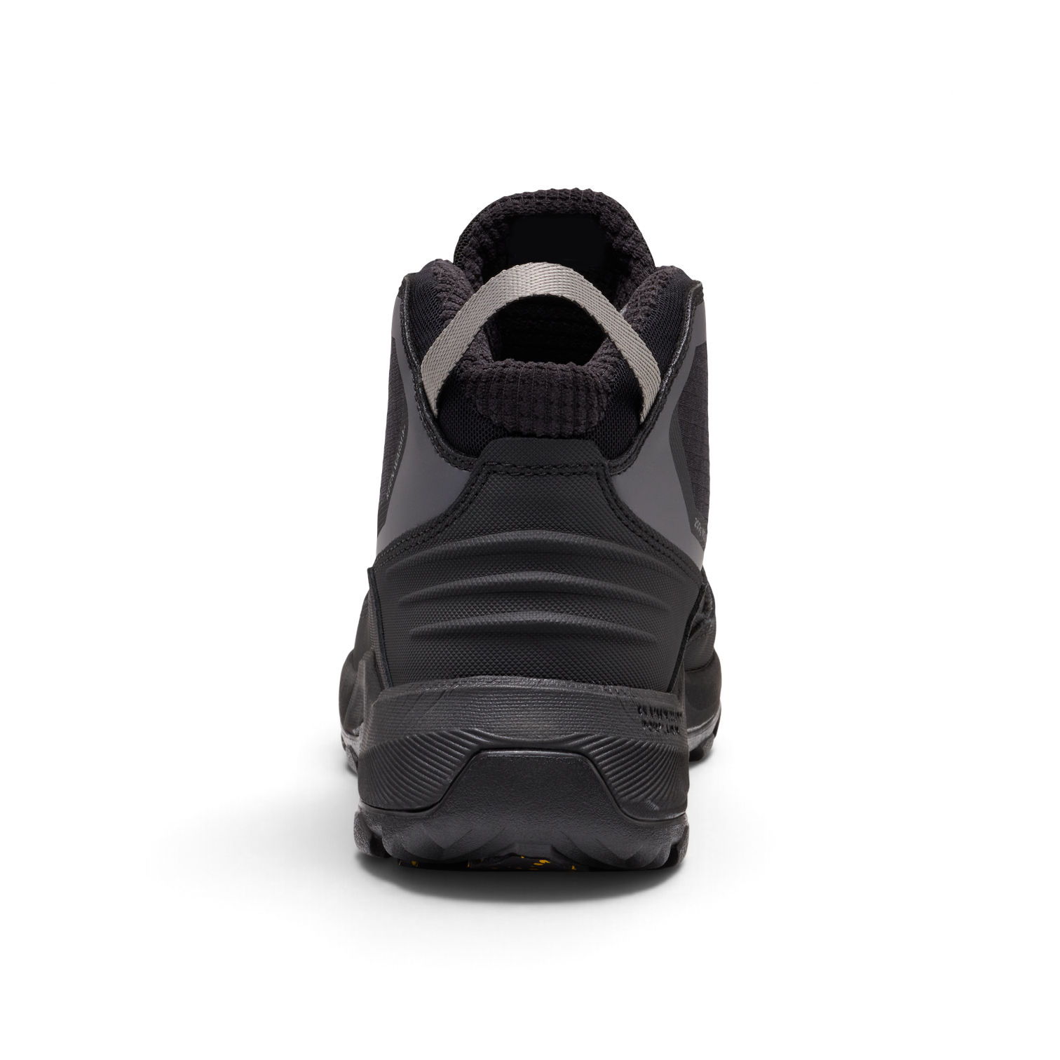 Back view of Outdoors Oriented KEEN Revel IV EXP CF Polar men's black winter hiking boot with a pull tab