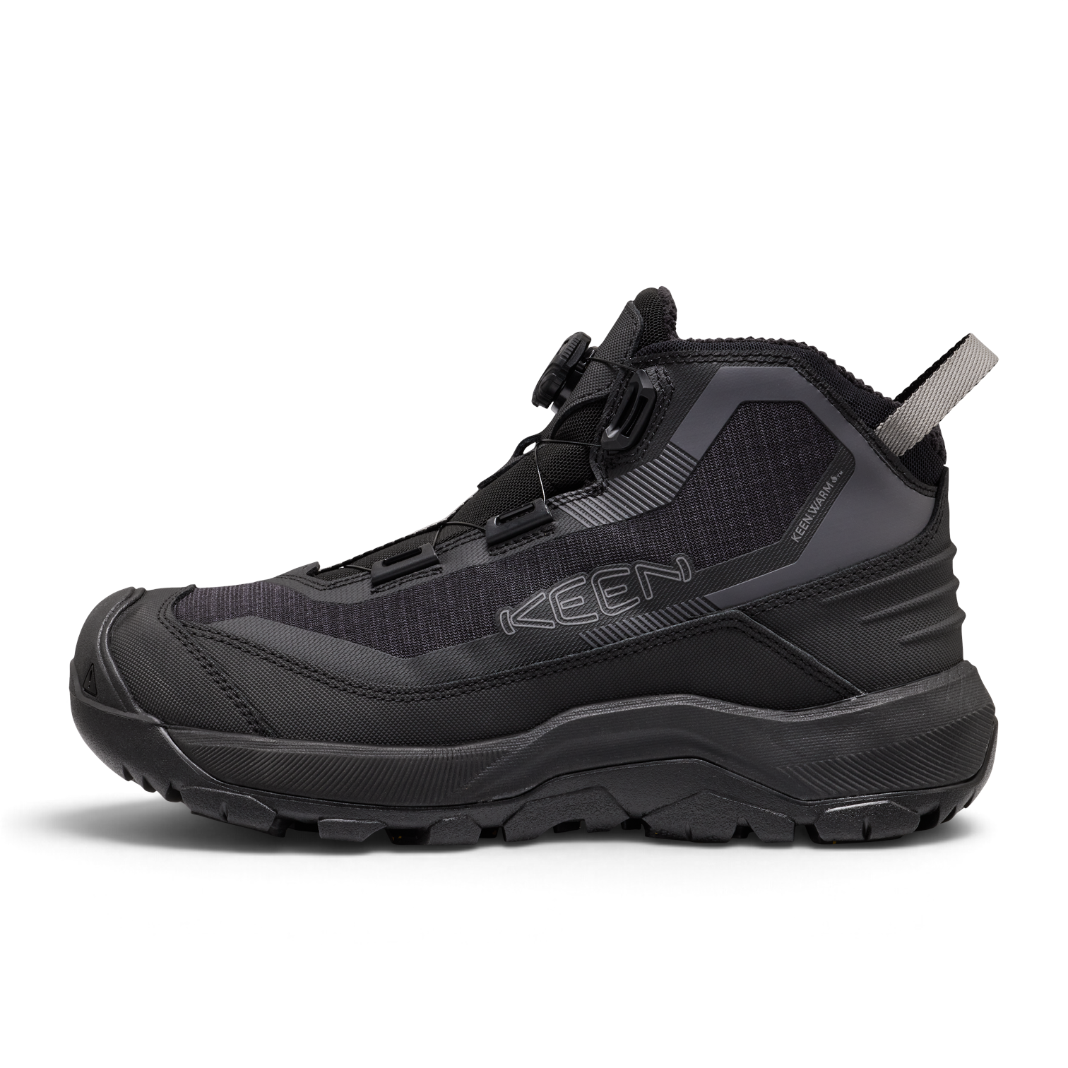 Outdoors Oriented KEEN Revel IV EXP CF Polar men's black winter hiking boot with toggle lacing and insulated design.