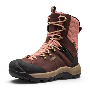 Outdoors Oriented KEEN Revel IV High Polar women's winter boot in brown and pink leather with quilted detailing