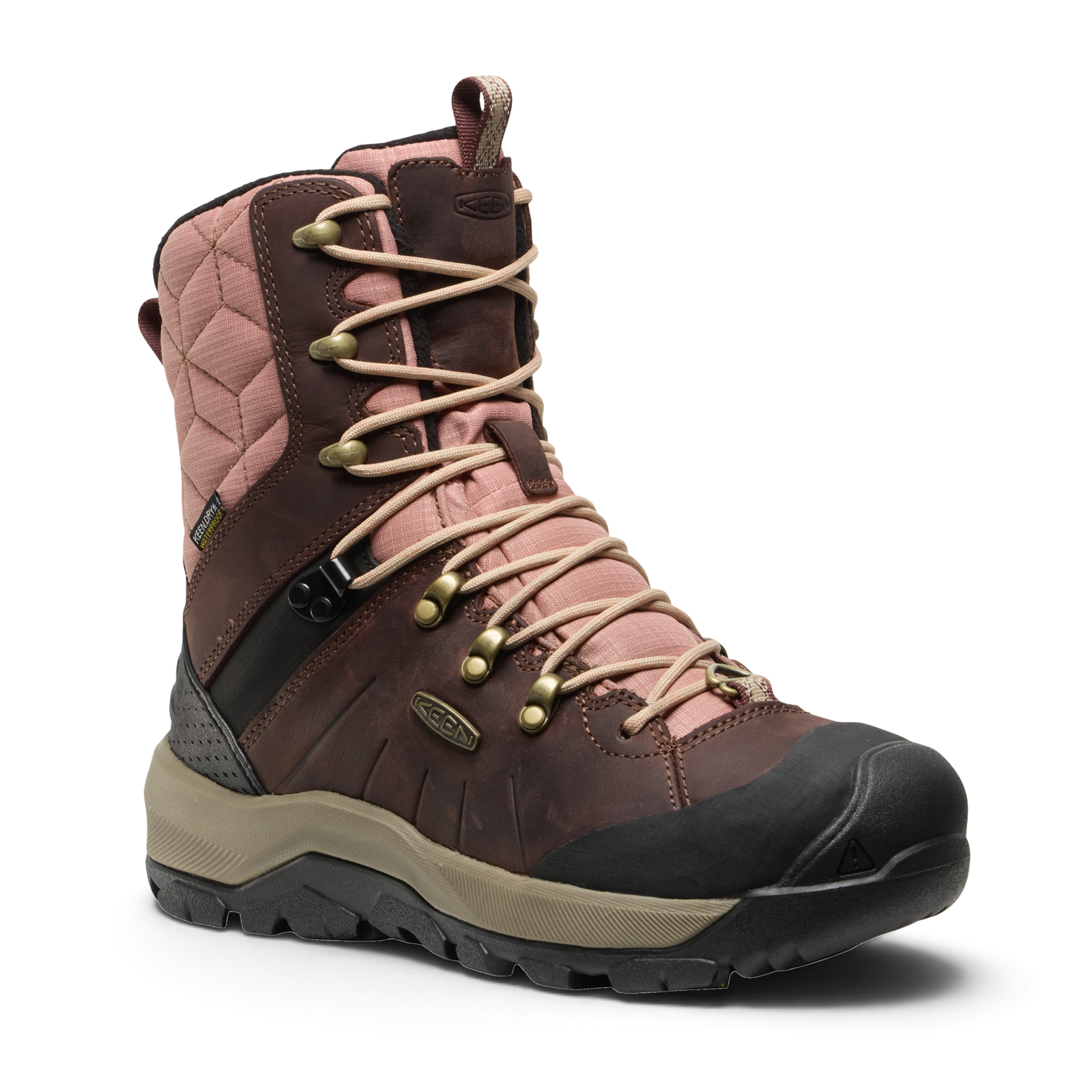 Outdoors Oriented KEEN Revel IV High Polar women's winter boot in brown leather and quilted dusty rose fabric