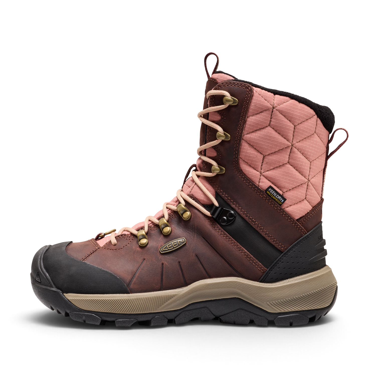 Outdoors Oriented KEEN Revel IV High Polar women's winter boot in brown leather and quilted dusty pink fabric