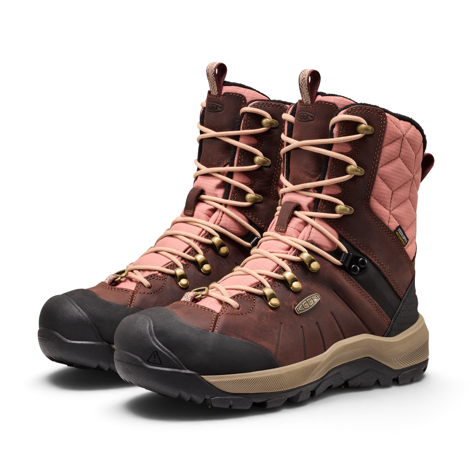 Outdoors Oriented KEEN Revel IV High Polar women's winter boots in brown and pink leather with quilted detailing