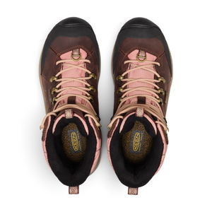 Outdoors Oriented KEEN Revel IV High Polar women's brown and pink leather winter hiking boots, top-down view