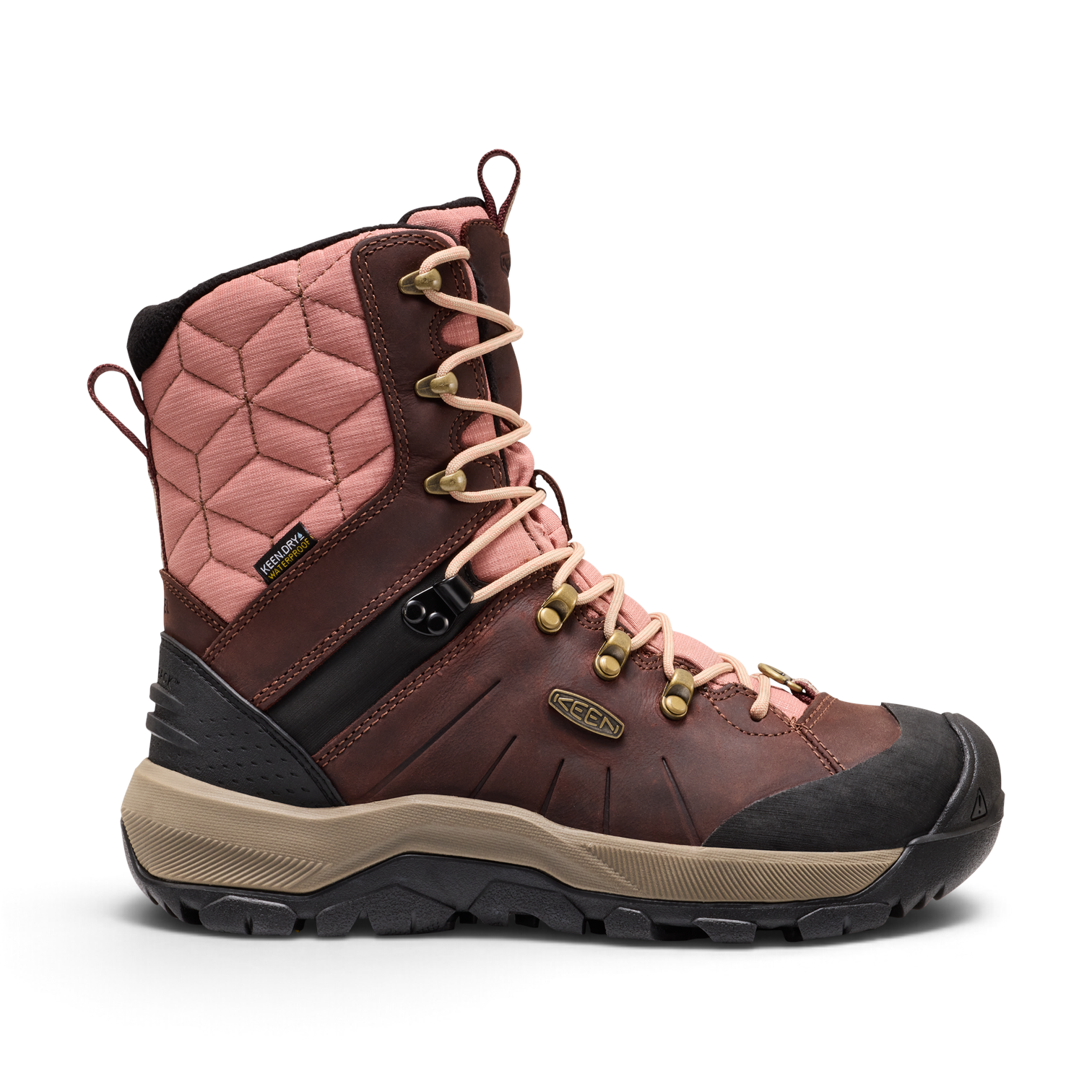 Outdoors Oriented KEEN Revel IV High Polar women's winter boot in brown leather and quilted pink fabric