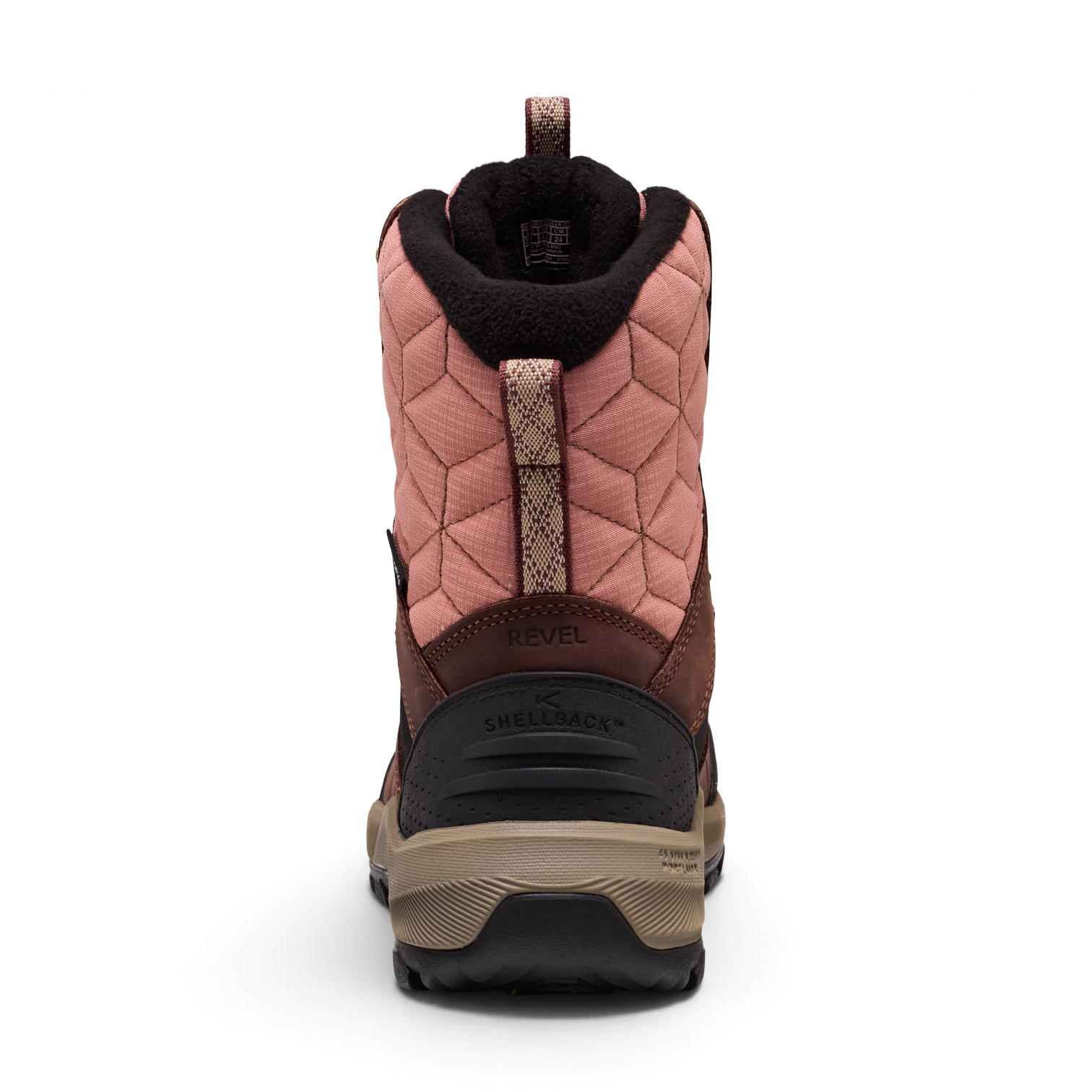 Back view of Outdoors Oriented KEEN Revel IV High Polar women's winter boot in dusty rose and brown quilted fabric.