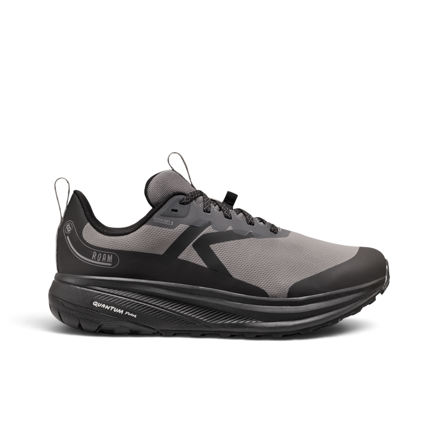Outdoors Oriented Keen Roam WP men's waterproof trail running shoe in grey and black with QuantumFoam cushioning.