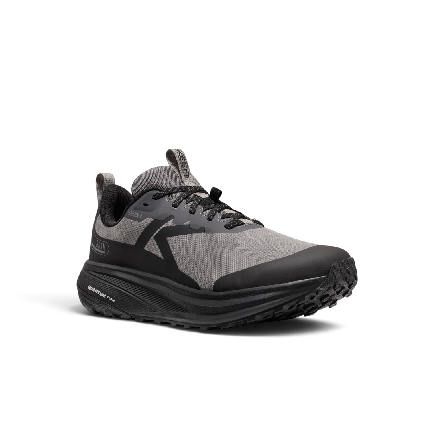 Outdoors Oriented Keen Roam WP men's grey waterproof trail running shoe with black QuantumFoam sole and mesh upper