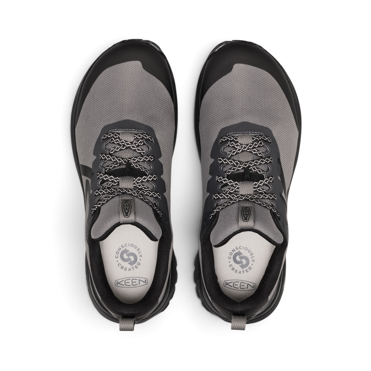 Outdoors Oriented Keen Roam WP men's grey and black waterproof trail running shoes, top view.