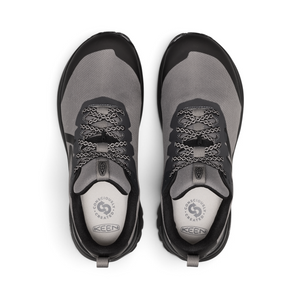 Outdoors Oriented Keen Roam WP men's grey and black waterproof trail running shoes, top view.