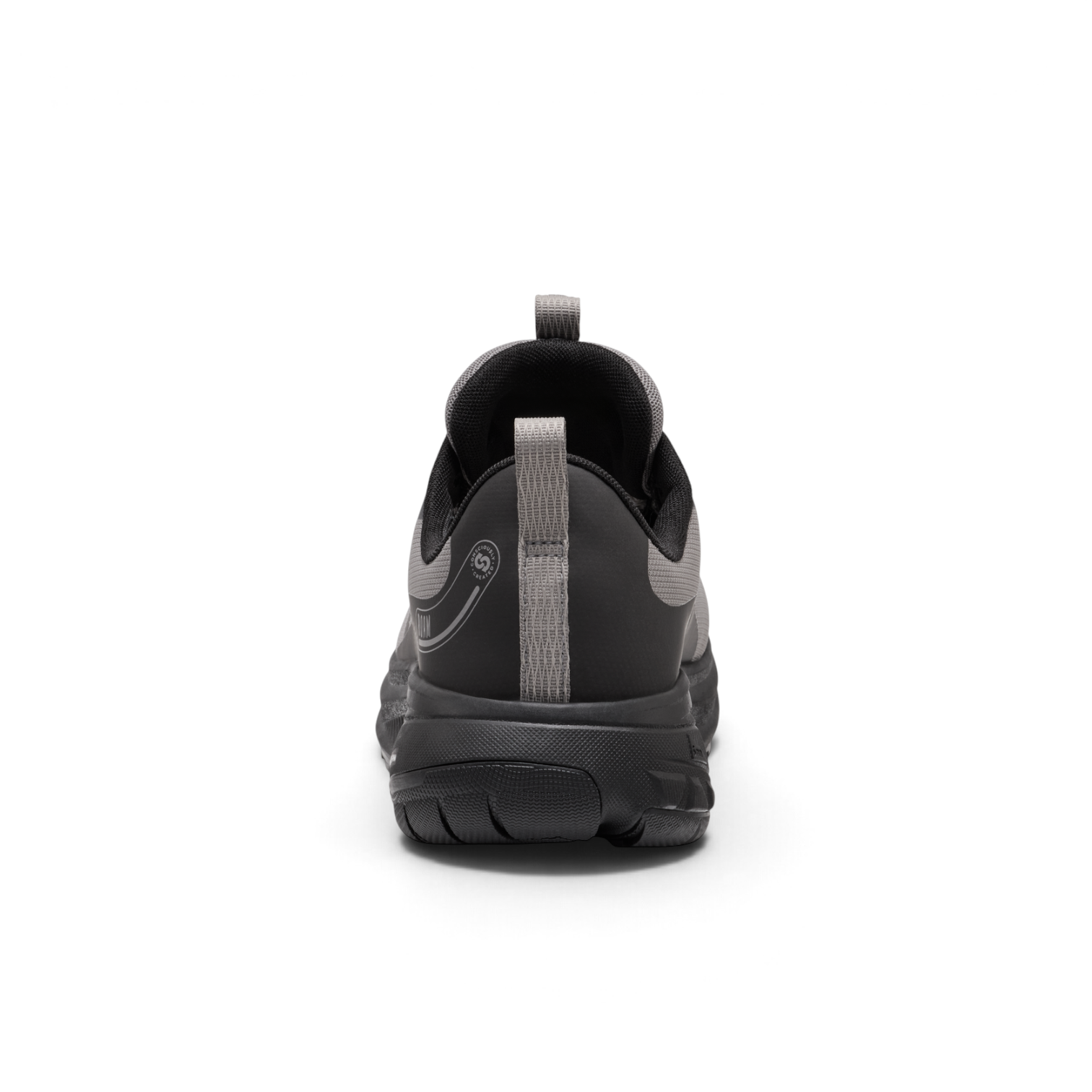 Outdoors Oriented Keen Roam WP men's trail running shoe, rear view showing grey mesh, black heel, and pull tab.