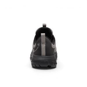 Outdoors Oriented Keen Roam WP men's trail running shoe, rear view showing grey mesh, black heel, and pull tab.