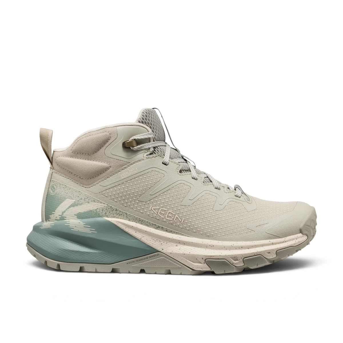 Outdoors Oriented women's Keen Targhee Apex Mid WP hiking boot in light beige with teal midsole and mesh upper