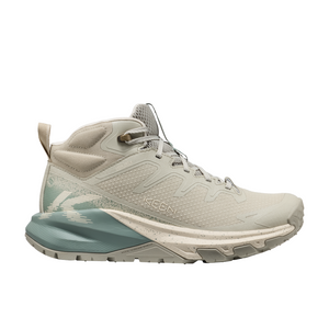 Outdoors Oriented women's Keen Targhee Apex Mid WP hiking boot in light beige with teal midsole and mesh upper