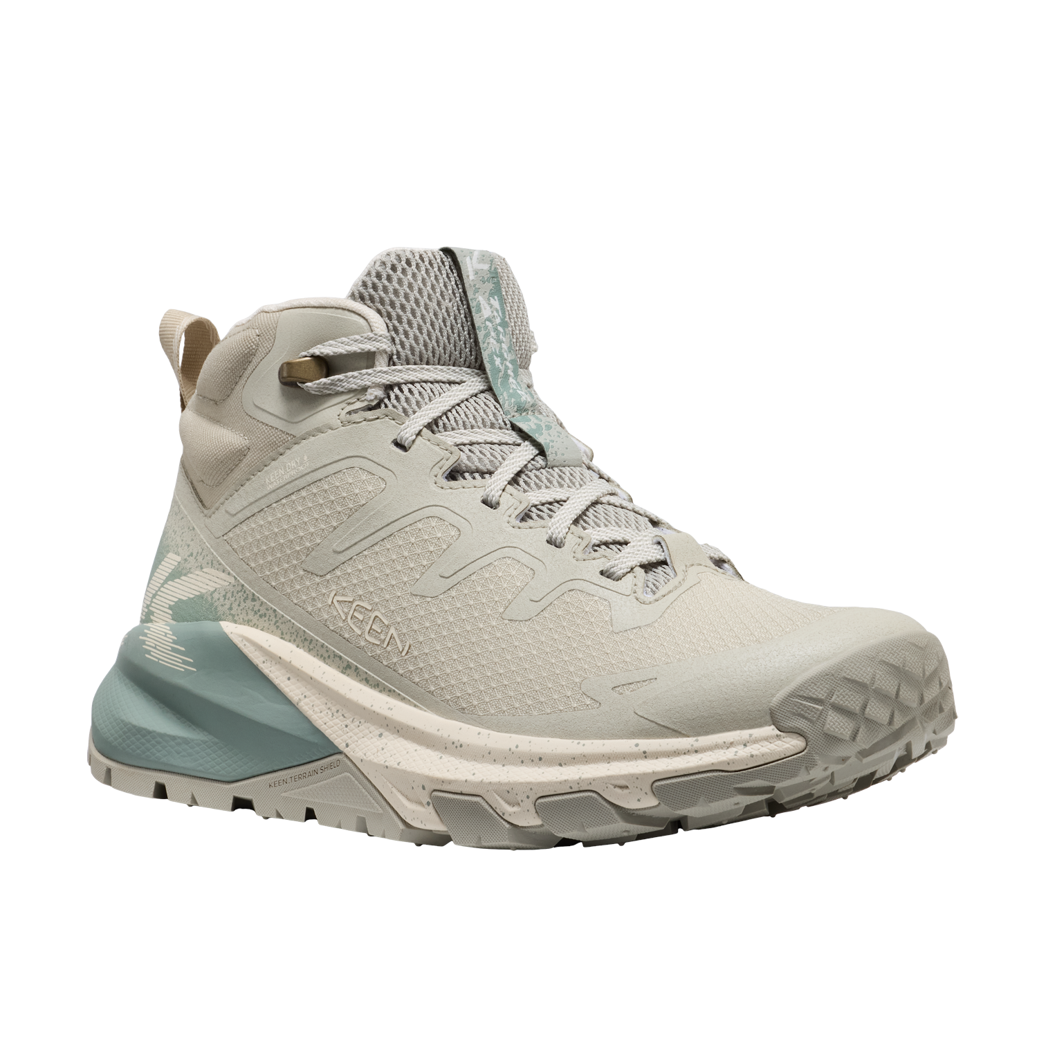 Outdoors Oriented Keen Targhee Apex Mid WP women's waterproof hiking boot in light beige with teal accents