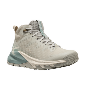 Outdoors Oriented Keen Targhee Apex Mid WP women's waterproof hiking boot in light beige with teal accents
